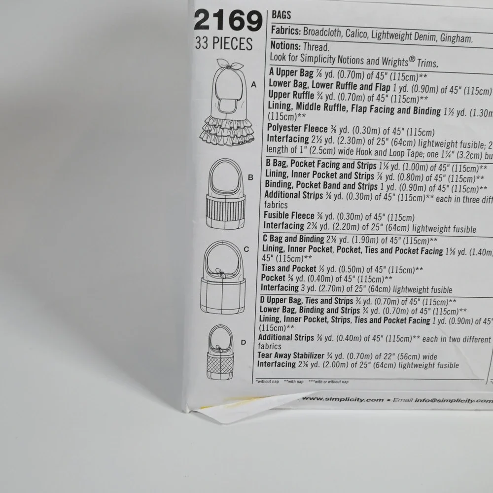 Simplicity Sewing Pattern 2169 Bags One Size Uncut Factory Folded